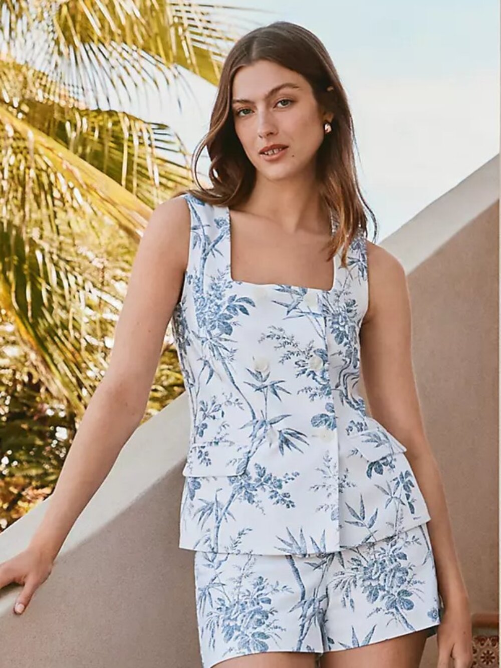 Palm Print Cotton Linen Double Breasted Vest, Size XS Petite, from Loft